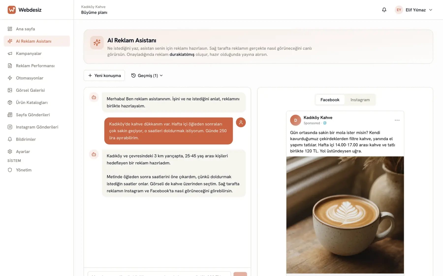 AI Reklam Asistanı: kafe sahibi işini anlatıyor, asistan reklamı hazırlıyor, sağda canlı önizleme