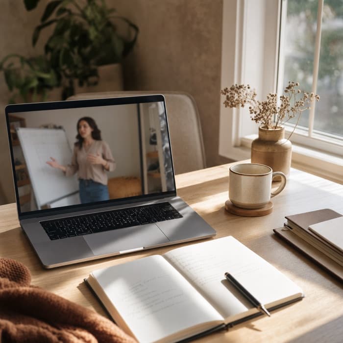 Online derse katılan öğrenci, dizüstü bilgisayar başında