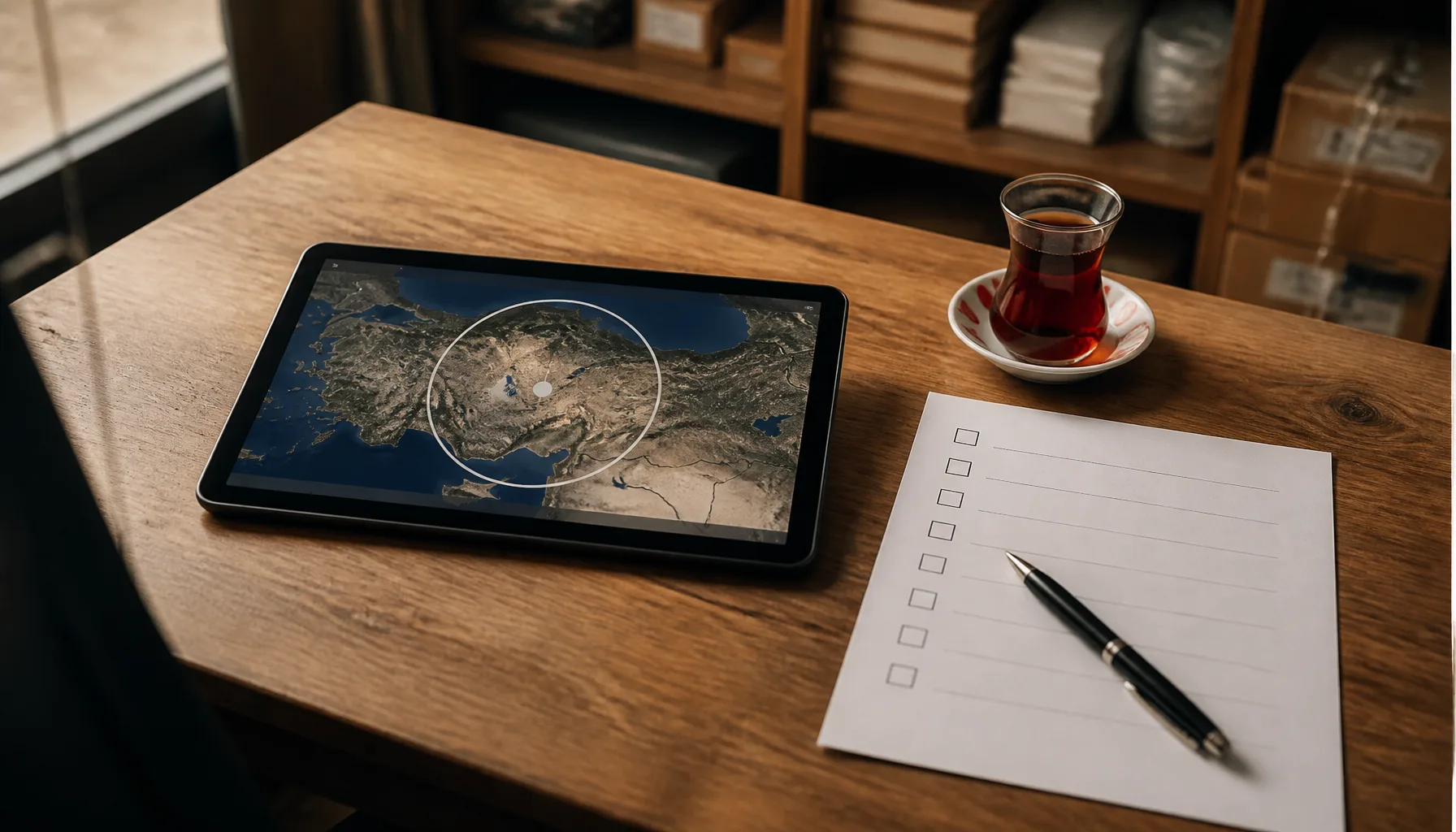 Masada bir tablette Türkiye haritası üzerinde çizilmiş konum yarıçapı, konumun Advantage+ açıkken bile kesin uygulanan alan olduğunu gösteriyor
