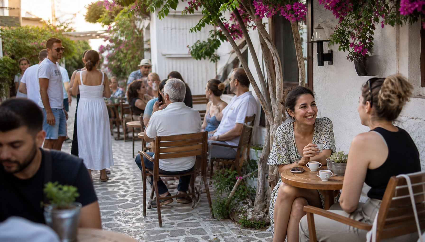 Bodrum'da bir kafe, hem turistik hem yerel müşterilerle.