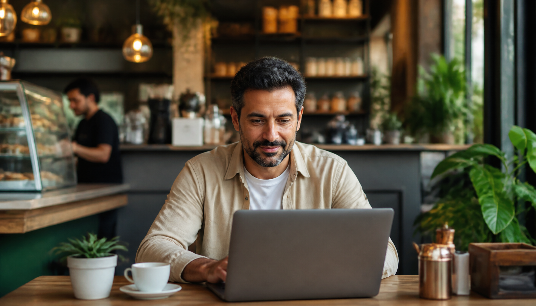 Bir kafe masasında oturmuş, laptop ekranında dijital pazarlama kampanyasına bakan bir işletme sahibi.