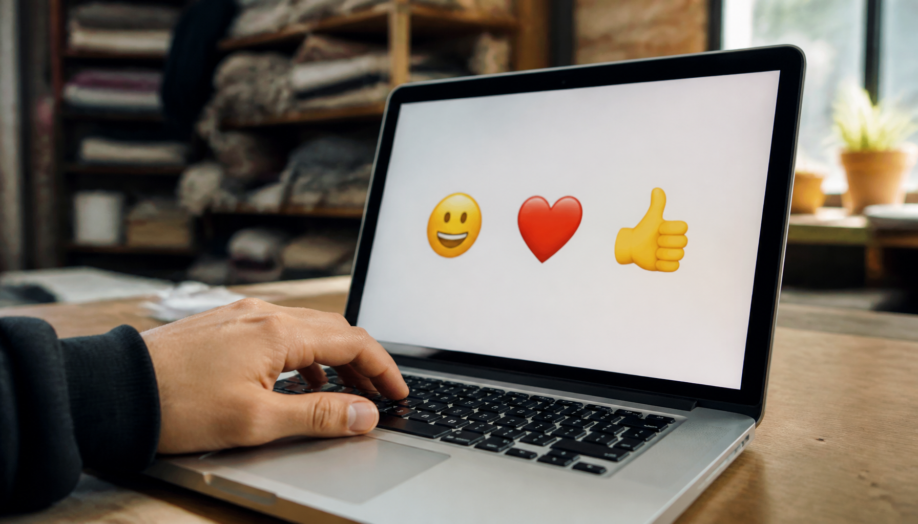 Laptop ekranında görülen emoji ve büyük harfler.